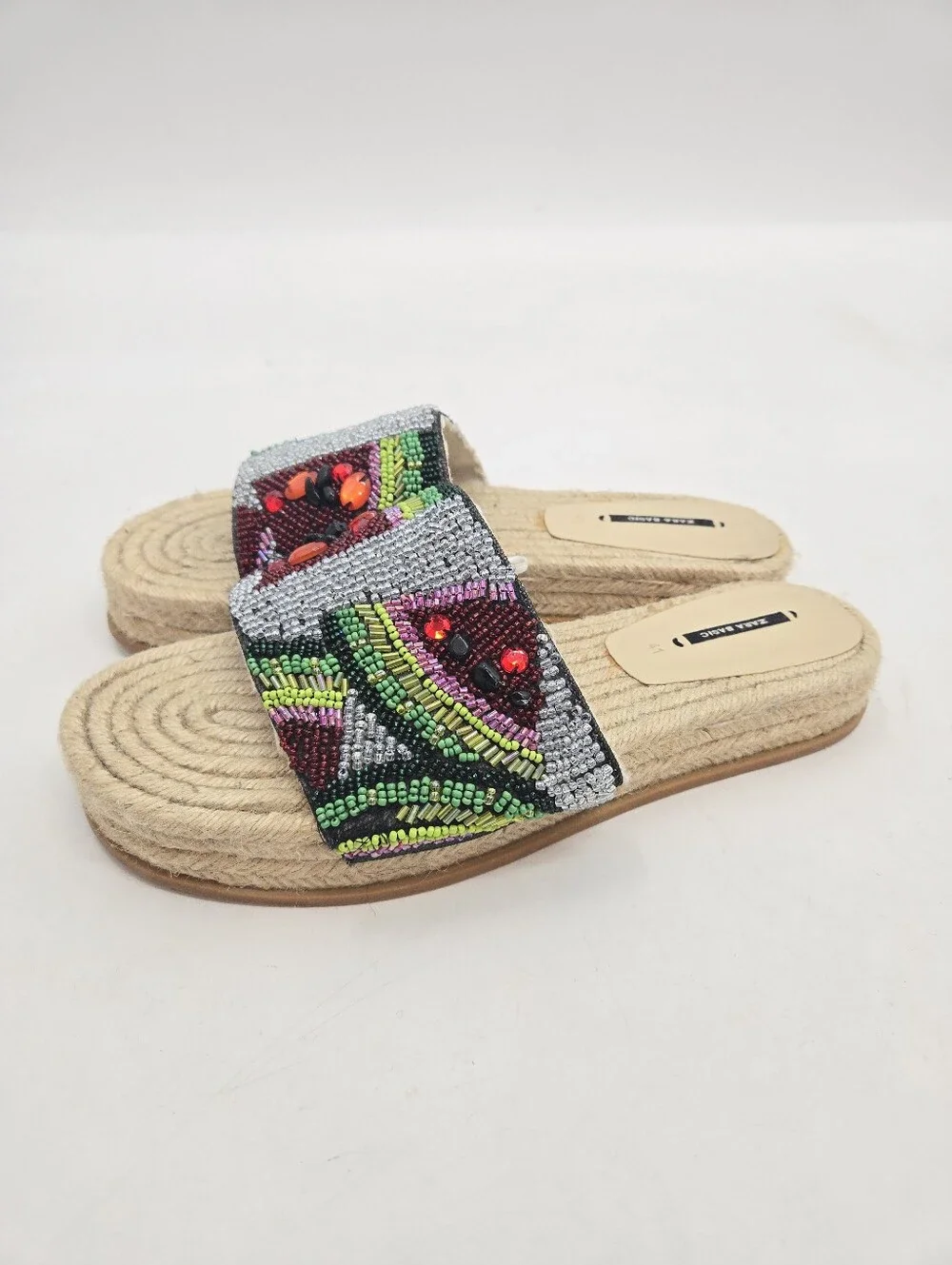 Zara Beaded Multicolor Slide Sandals Espadrille Woven Sole - Picture 7 of 14